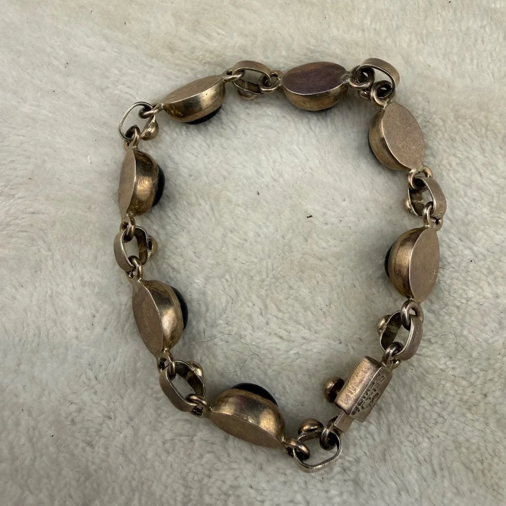 Vintage Taxco Mexico Sterling Silver Bracelet Black Onyx Link 7.5in